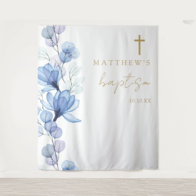Tenture Baptême floral élégant bleu Dusty fond photo (Devant)