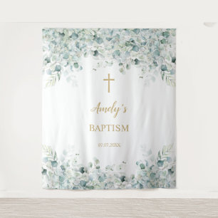 Tenture Baptême Girl Backdrop - Green Eucalyptus & Gold