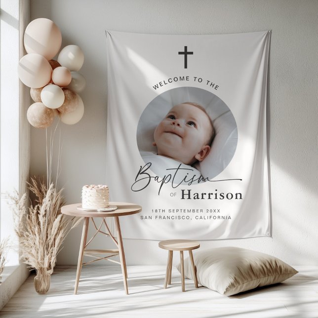 Tenture Baptême photo ronde - Affiche de bienvenue (Zazzle Round Photo Baptism - Welcome Sign Tapestry)