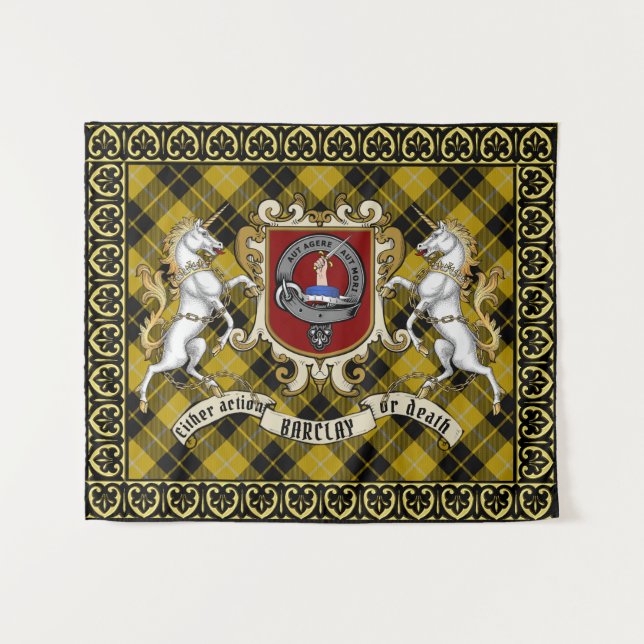 Tenture Barclay Clan Badge & Unicorns avec Tartan encadré (Devant (Horizontal))
