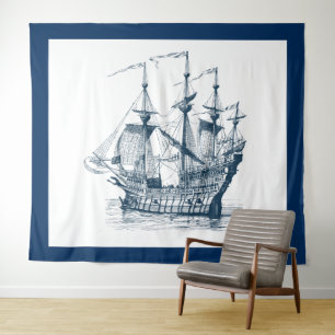 Tenture Bateau à voile vintage bleu marine et blanc