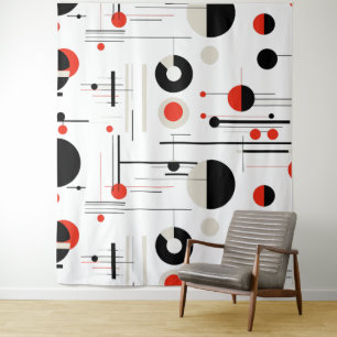 Tenture Bauhaus noir rouge formes géométriques sur blanc