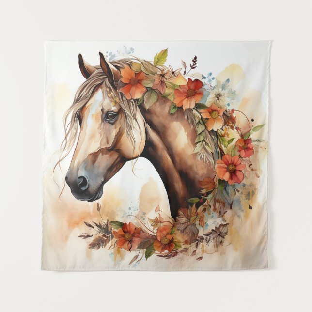 Tenture Beau Cheval aux jolies fleurs Aquarelle (Devant)