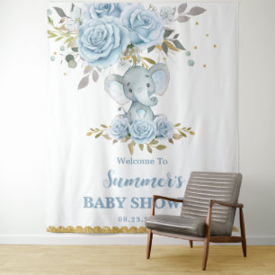 Tenture Bébé Bleu Floral Éléphant Mignon Garçon Baby Showe