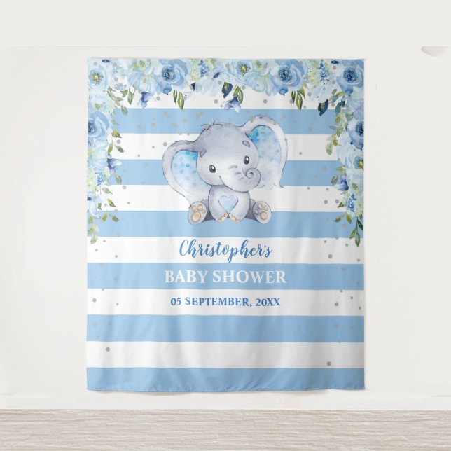 Tenture Bébé éléphant blus Baby shower d'argent floral (Devant)