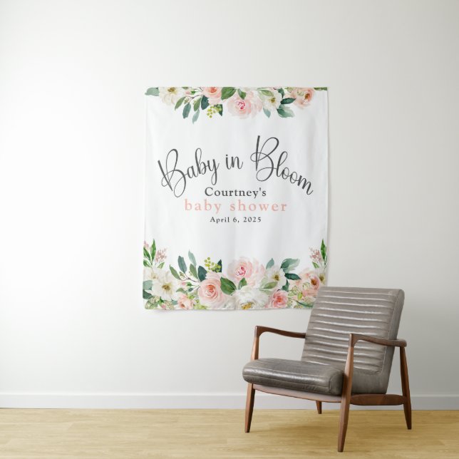 Tenture Bébé en Fleur Baby shower Floral rose (En situation)