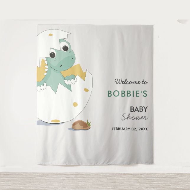 Tenture Bébé mignon Dino dans Baby shower neutre oeuf fond (Devant)