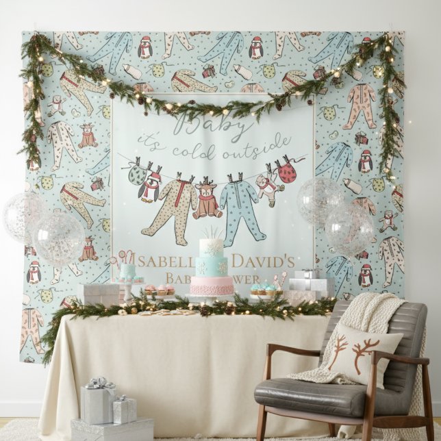 Tenture Bébé son Baby shower froid à l'extérieur de l'hive (Mint Baby It's Cold Outside Winter Baby Shower Backdrop Cute Pajamas,Teddy Bears,Penguins, Reindeer)