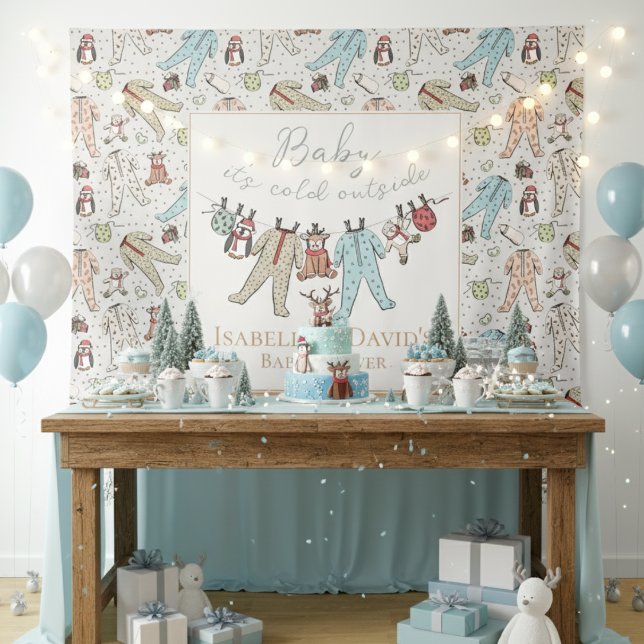 Tenture Bébé son Baby shower froid à l'extérieur de l'hive (Ivory Baby It's Cold Outside Winter Baby Shower Backdrop Cute Pajamas,Teddy Bears,Penguins, Reindeer)