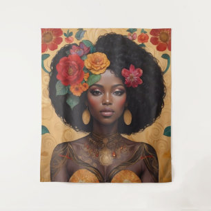 Tenture Belle Africaine Américaine Avec Fleurs
