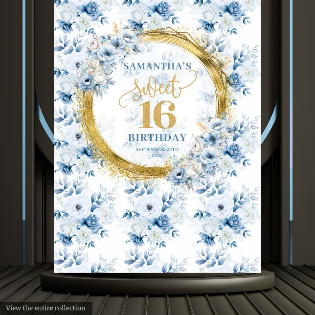 Tenture Belle bannière bleue clair Sweet 16 avec paillette (Beautiful Light Blue Sweet 16 Gold Glitter Banner Tapestry )