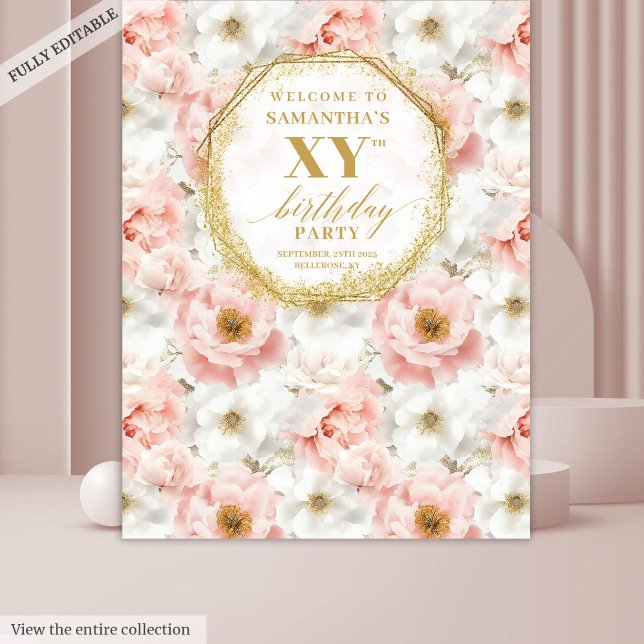 Tenture Belle Bannière de Photomaton d'Anniversaire Fleuri (Beautiful Blush Floral Birthday Photo Booth Banner Tapestry)