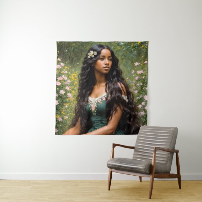 Tenture Belle femme noire Portrait floral (En situation)