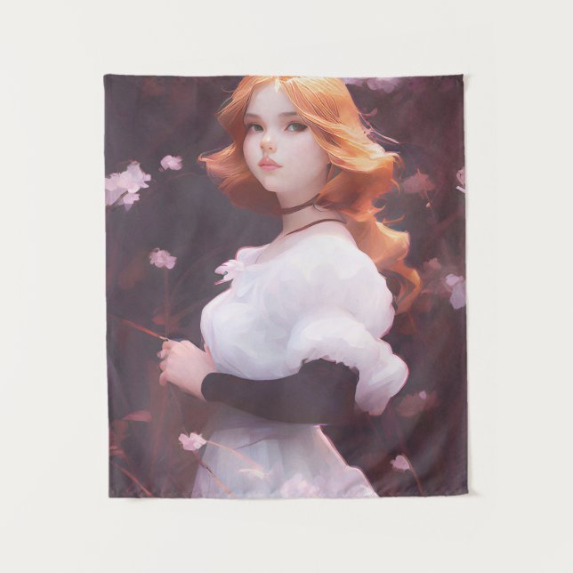 Tenture Belle Jeune Fille Parmi Les Fleurs Roses Portrait (Devant)
