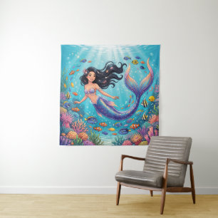 Tenture Belle sirène de dessin animé sous la mer 