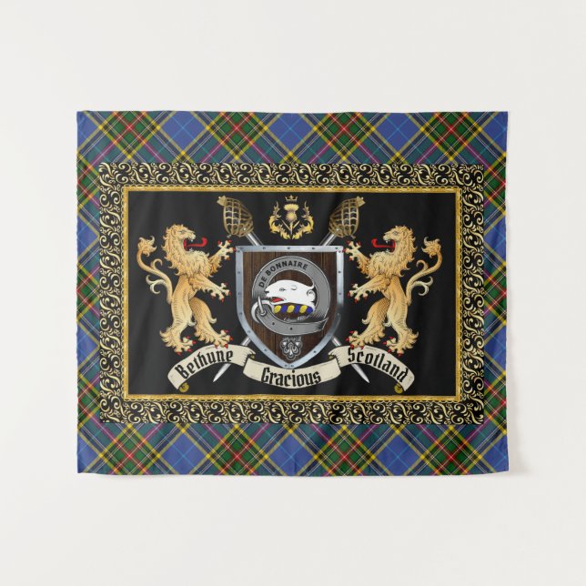 Tenture Bethune Clan Badge & Motto avec Lions (Devant (Horizontal))