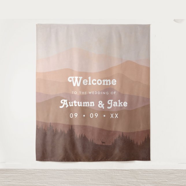 Tenture Bienvenue à Retro Mountain et Forest Pink Mariage (Devant)