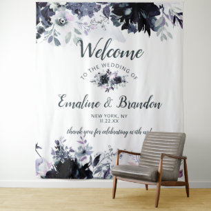 Tenture Bienvenue au mariage chic bleu marine floral noctu