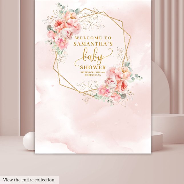 Tenture Bienvenue Baby Girl pale rose or pale pivoines toi (Welcome Baby Girl pale pink gold peonies backdrop)