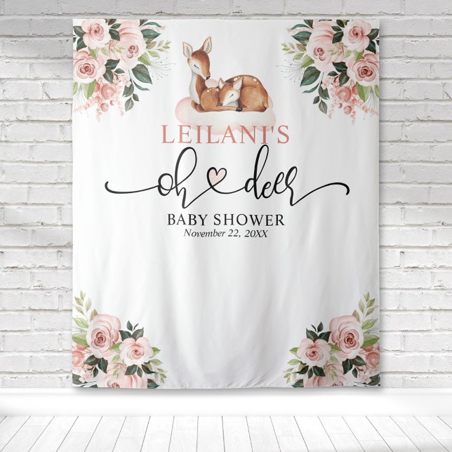 Tenture Bienvenue Bébé Fête de Naissance Oh Cerf Fond Flor (Oh deer baby shower with a deer and fawn on a pink cloud with pink floral clusters in the corners.)