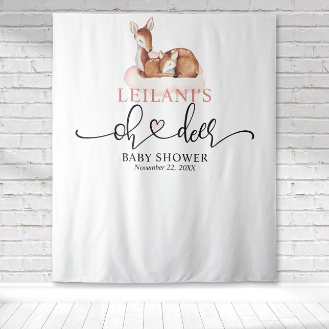 Tenture Bienvenue Bébé Fille Baby Shower Fond de Nuage Ros (Baby shower deer and fawn pink cloud watercolor simple modern backdrop for photo ops.)