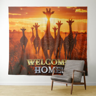 Tenture Bienvenue chez soi Animaux africains - Fond Girafe