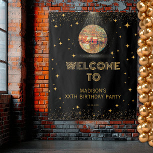 Tenture Bienvenue d'anniversaire boule disco paillettes or