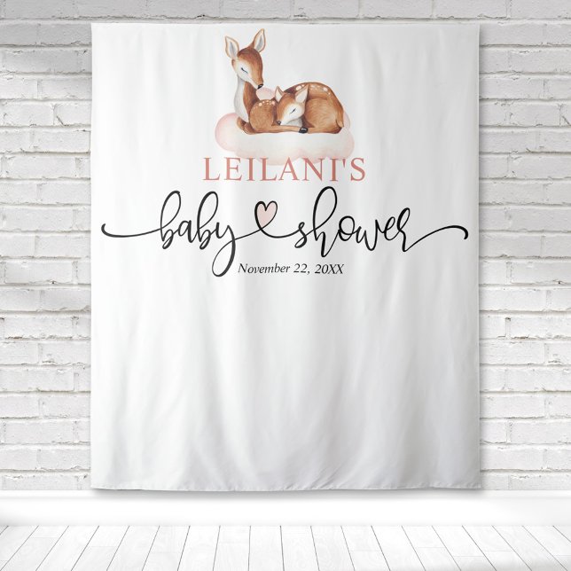 Tenture Bienvenue Fée Baby Shower Fond de Nuage Rose (Baby shower deer and fawn pink cloud pink hand lettering watercolor backdrop for photo ops.)