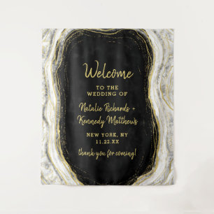 Tenture Bienvenue Mariage Géode Agate Noir Blanc & Or