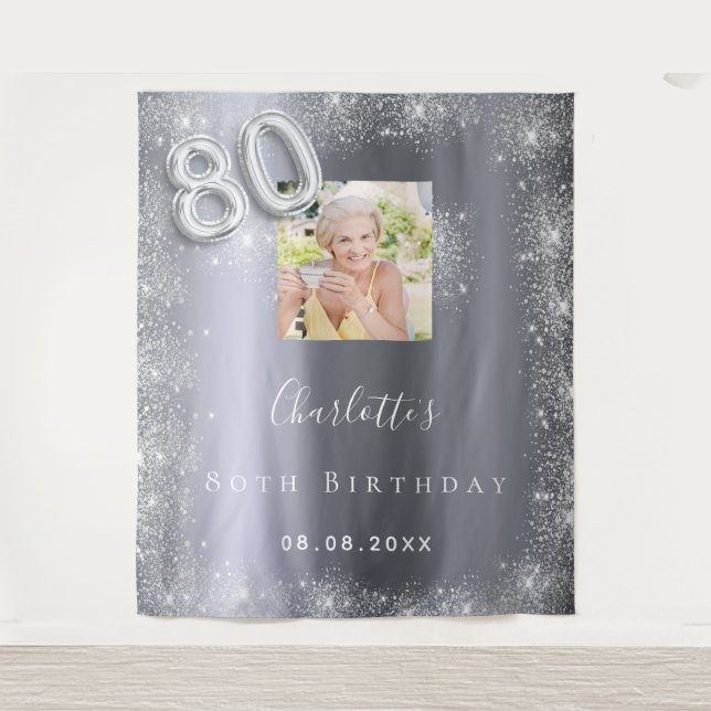 Tenture Bienvenue paillettes photo argent 80e anniversaire (Devant)