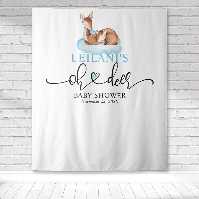 Tenture Bienvenue Shower Bébé Cerf Nuage Bleu (Oh deer baby shower with a deer and fawn on a blue cloud with hand lettered typography.)