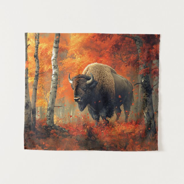 Tenture Bison dans l'artisanat boisé d'automne (Devant (Horizontal))