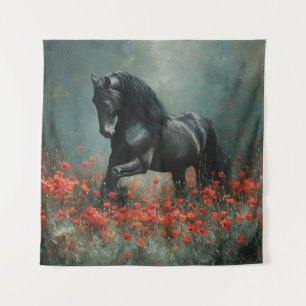 Tenture Black Friesian Stallion Red Poppies