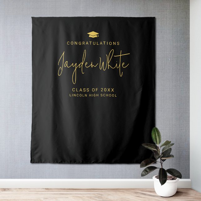 Tenture Black & Gold Simple Modern Script Nom Grad Party (Black & Gold Simple Modern Script Name Grad Party Tapestry)