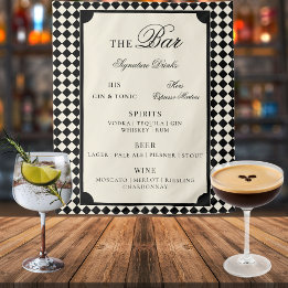 Tenture Black Ivory Checks Old Money Wedding Bar Menu Sign