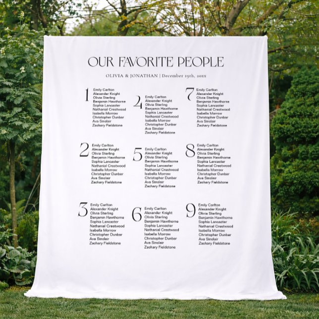 Tenture Black White Wedding Seating Chart Fabric 9 Tables (Créateur téléchargé)