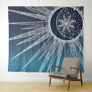 Tenture Blanc Sun Moon Mandala Blue Gradient Design