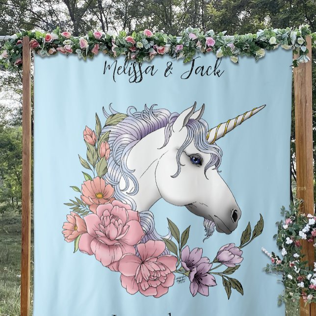 Tenture Blanc Unicorne rose Fleurs Bleu (Créateur téléchargé)