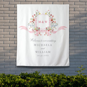 Tenture Blason Régence Botanique Aquarelle Rose Mariage