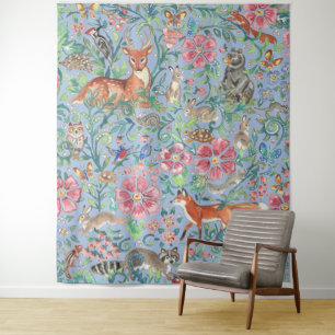 Tenture Bleu clair Bois animal renard renard lapin grand