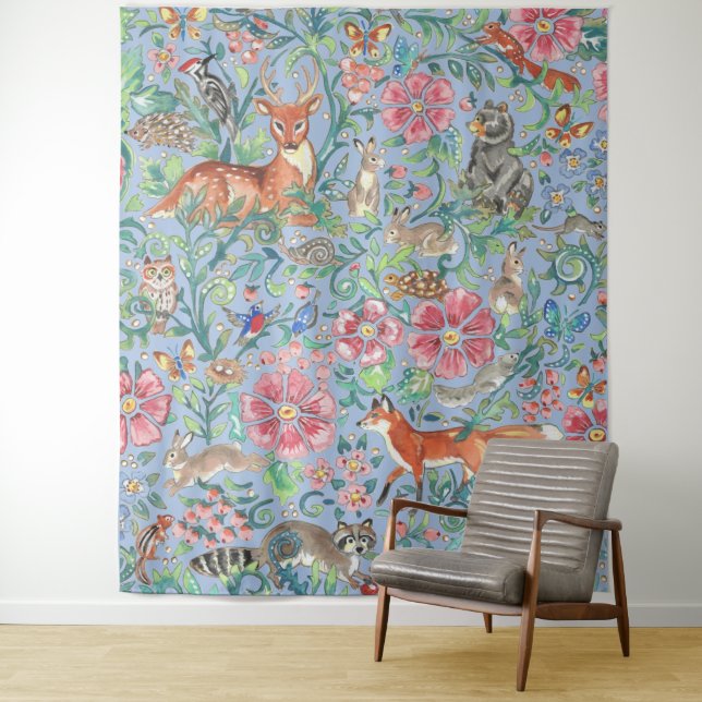 Tenture Bleu clair Bois animal renard renard lapin grand (En situation)