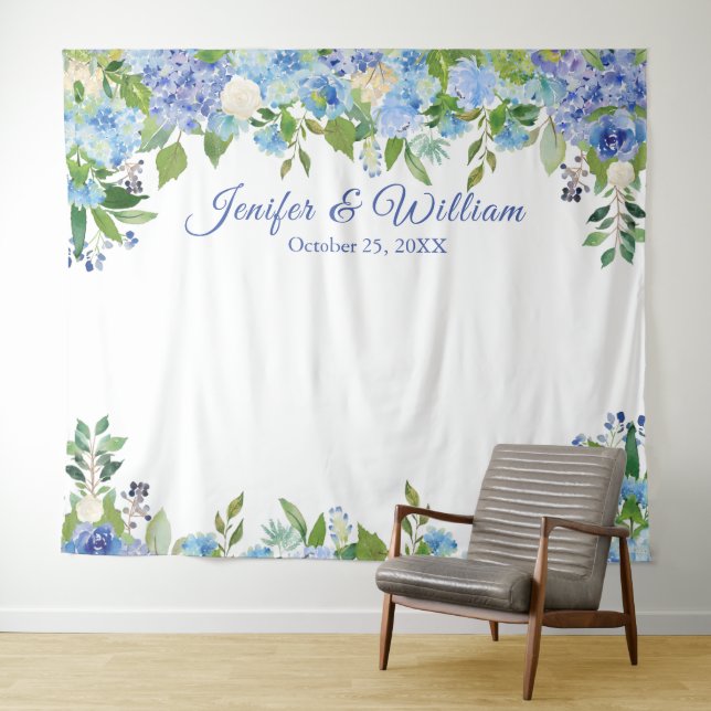 Tenture Bleu clair Hydrangeas Mariage Photo Booth fond (En situation (horizontale))