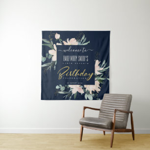 TENTURE BLEU DE MARINE ROSE DORÉ FLEUR BONNE FÊTE TOUTE AN