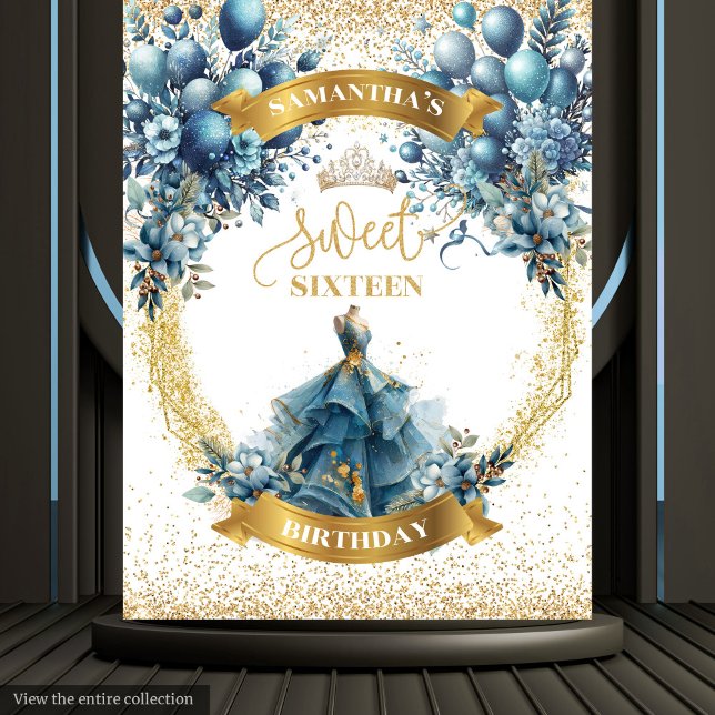 Tenture Bleu élégant § Robe Or Douce 16 Anniversaire (Elegant Blue § Gold Dress Sweet 16 Birthday Tapestry)