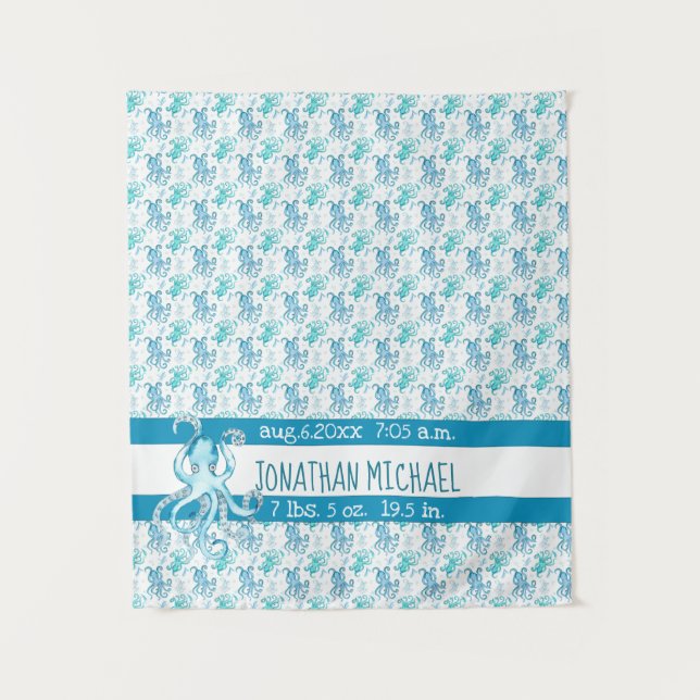 Tenture Bleu et Turquoise Octopus Nom du bébé Statistiques (Devant)