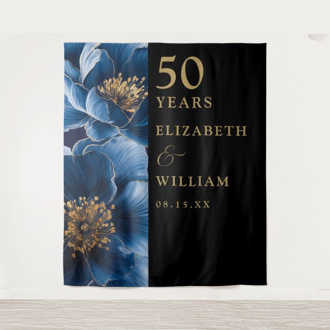 Tenture Bleu Floral Black Gold 50e Anniversaire Contexte (Devant)