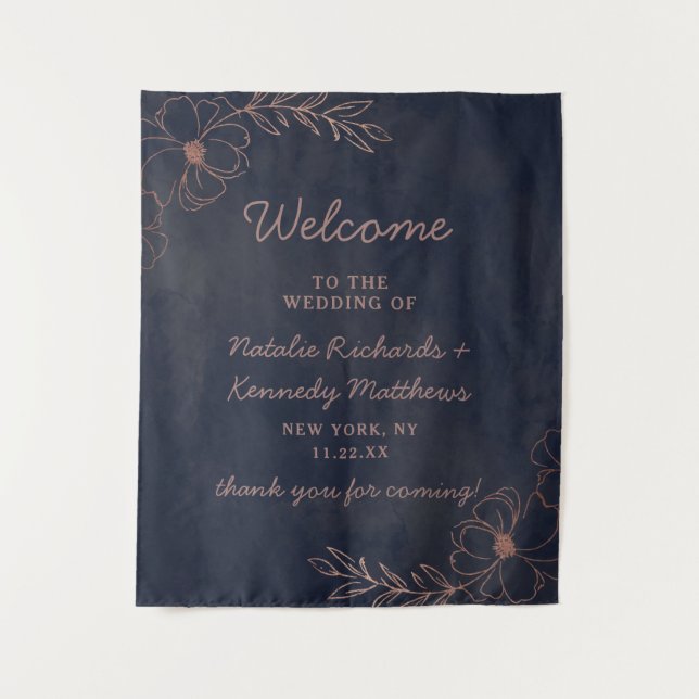 Tenture Bleu marine et rose gold foil floral Bienvenue au  (Devant)
