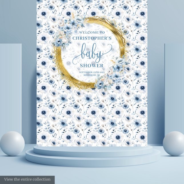 Tenture Bleu pastel classique fleurs or baby shower photo (Classic pastel blue flowers gold baby shower photo Tapestry)