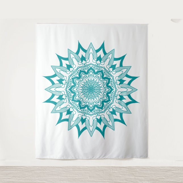 Tenture Bleu vert sur mandala blanc (Devant)