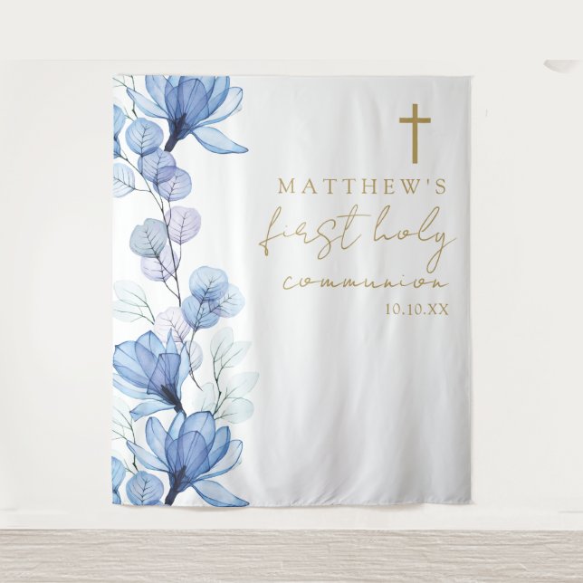 Tenture Blue Floral First Holy Communion Fond d'écran (Devant)